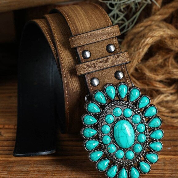 Threaded Pear Western Turquoise Decor Genuine Leather Belt - Picture 2 of 5